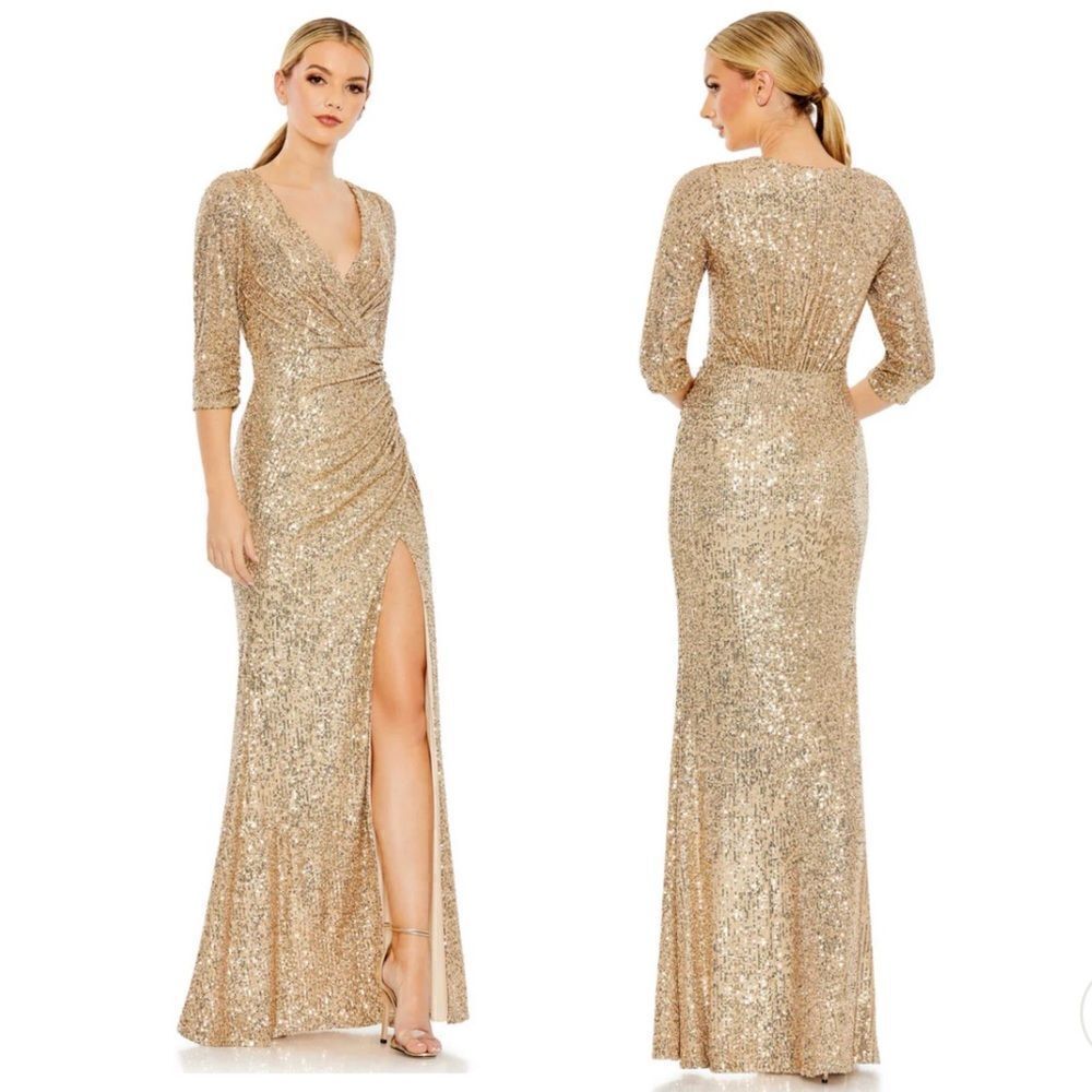 Mac Duggal Ieena 42015 gown Gold sequin 3/4 sleeve draped evening dress 6
